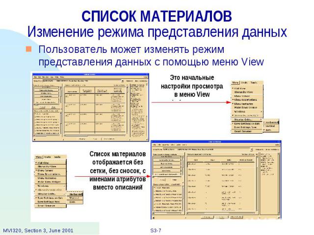 СПИСОК МАТЕРИАЛОВ Изменение режима представления данных Пользователь может изменять режим представления данных с помощью меню View