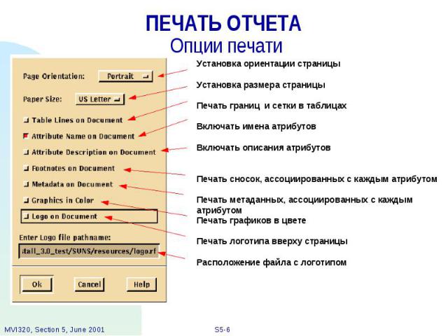 ПЕЧАТЬ ОТЧЕТА Опции печати