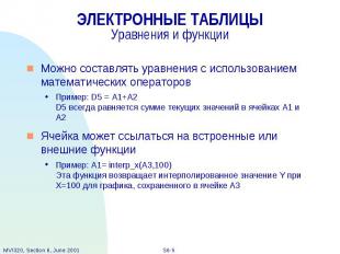 ЭЛЕКТРОННЫЕ ТАБЛИЦЫ Уравнения и функции Можно составлять уравнения с использован