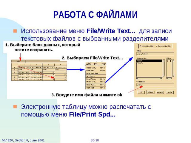 РАБОТА С ФАЙЛАМИ Использование меню File/Write Text... для записи текстовых файлов с выбранными разделителями Электронную таблицу можно распечатать с помощью меню File/Print Spd...