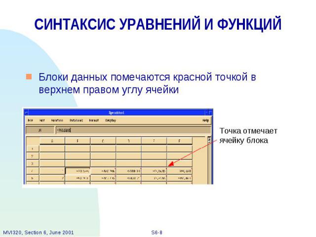 СИНТАКСИС УРАВНЕНИЙ И ФУНКЦИЙ Блоки данных помечаются красной точкой в верхнем правом углу ячейки