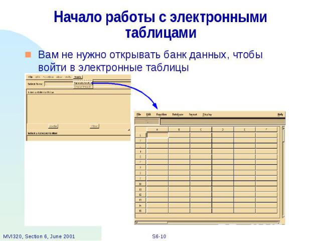Начало работы с электронными таблицами Вам не нужно открывать банк данных, чтобы войти в электронные таблицы