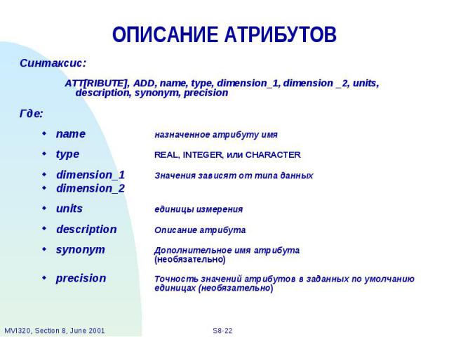 ОПИСАНИЕ АТРИБУТОВ Синтаксис: ATT[RIBUTE], ADD, name, type, dimension_1, dimension _2, units, description, synonym, precision Где: name назначенное атрибуту имя type REAL, INTEGER, или CHARACTER dimension_1 Значения зависят от типа данных dimension_…