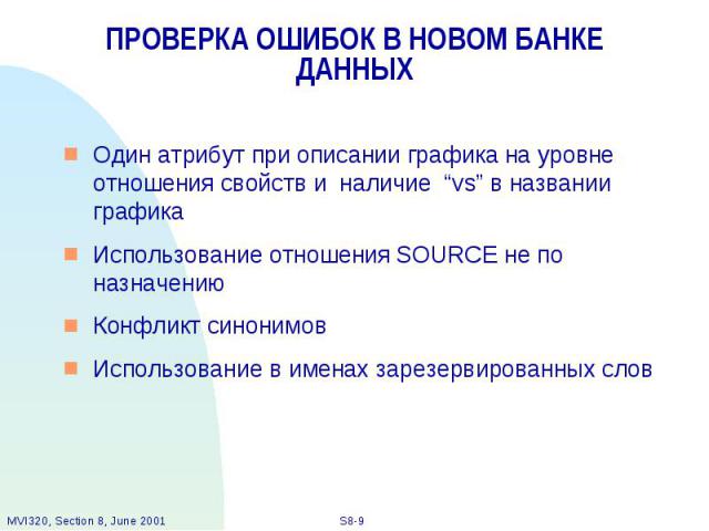 ПРОВЕРКА ОШИБОК В НОВОМ БАНКЕ ДАННЫХ Один атрибут при описании графика на уровне отношения свойств и наличие “vs” в названии графика Использование отношения SOURCE не по назначению Конфликт синонимов Использование в именах зарезервированных слов