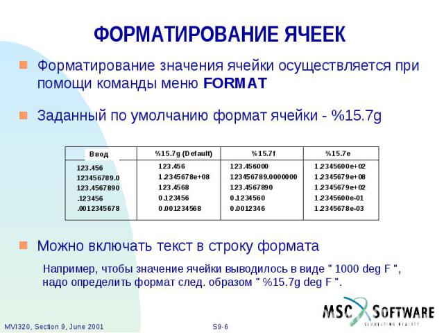 ФОРМАТИРОВАНИЕ ЯЧЕЕК Форматирование значения ячейки осуществляется при помощи команды меню FORMAT Заданный по умолчанию формат ячейки - %15.7g Можно включать текст в строку формата Например, чтобы значение ячейки выводилось в виде " 1000 deg F …