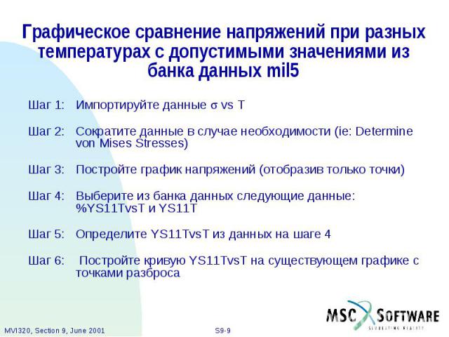 Графическое сравнение напряжений при разных температурах с допустимыми значениями из банка данных mil5 Шаг 1: Импортируйте данные vs T Шаг 2: Сократите данные в случае необходимости (ie: Determine von Mises Stresses) Шаг 3: Постройте график напряжен…