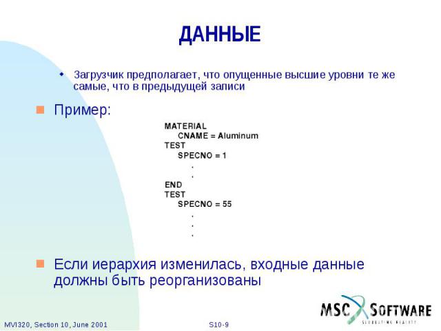 ДАННЫЕ Загрузчик предполагает, что опущенные высшие уровни те же самые, что в предыдущей записи Пример: Если иерархия изменилась, входные данные должны быть реорганизованы