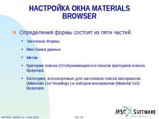 НАСТРОЙКА ОКНА MATERIALS BROWSER Определения формы состоят из пяти частей: Загол