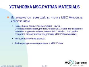 УСТАНОВКА MSC.PATRAN MATERIALS Используются те же файлы, что и в MSC.Mvision,за