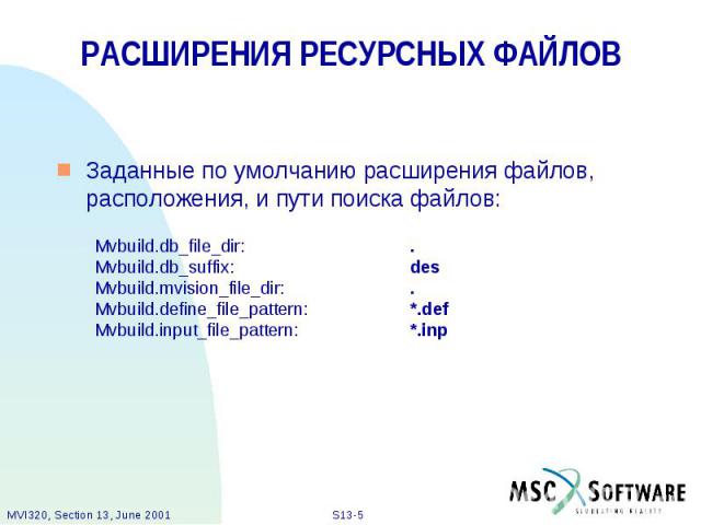 РАСШИРЕНИЯ РЕСУРСНЫХ ФАЙЛОВ Заданные по умолчанию расширения файлов, расположения, и пути поиска файлов: Mvbuild.db_file_dir: . Mvbuild.db_suffix: des Mvbuild.mvision_file_dir: . Mvbuild.define_file_pattern: *.def Mvbuild.input_file_pattern: *.inp