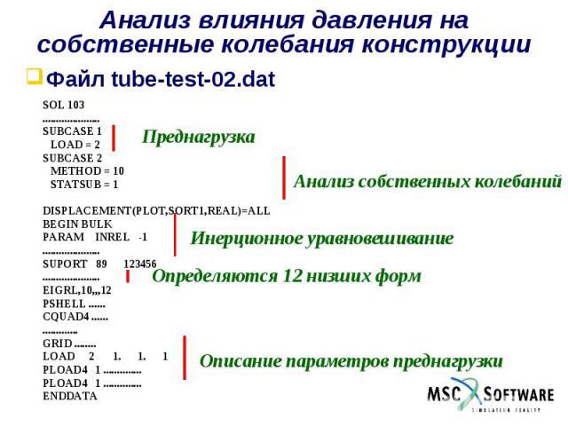 Анализ влияния давления на собственные колебания конструкции Файл tube-test-02.dat