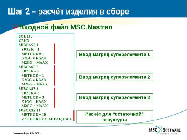 Шаг 2 – расчёт изделия в сборе Входной файл MSC.Nastran