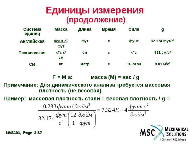 Единицы измерения (продолжение) F = M a: масса (М) = вес / g Примечание: Для динамического анализа требуется массовая плотность (не весовая). Пример: массовая плотность стали = весовая плотность / g =