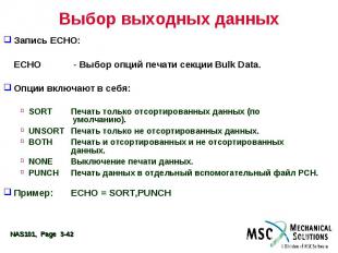 Выбор выходных данных Запись ECHO: ECHO - Выбор опций печати секции Bulk Data. О