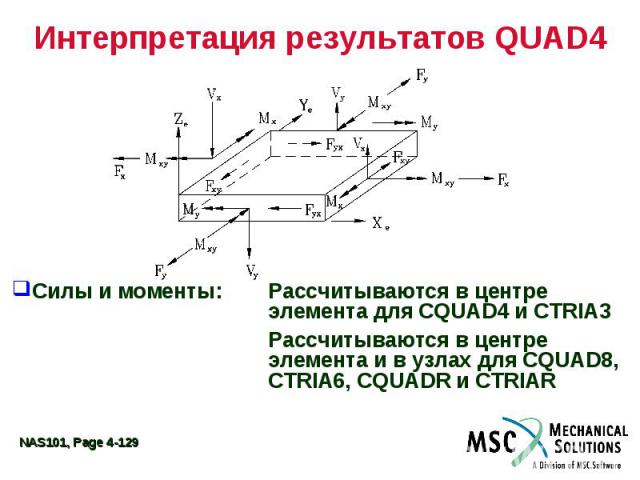 Интерпретация результатов QUAD4 Силы и моменты: Рассчитываются в центре элемента для CQUAD4 и CTRIA3 Рассчитываются в центре элемента и в узлах для CQUAD8, CTRIA6, CQUADR и CTRIAR