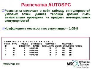 Распечатка AUTOSPC Распечатка включает в себя таблицу сингулярностей узловых точ