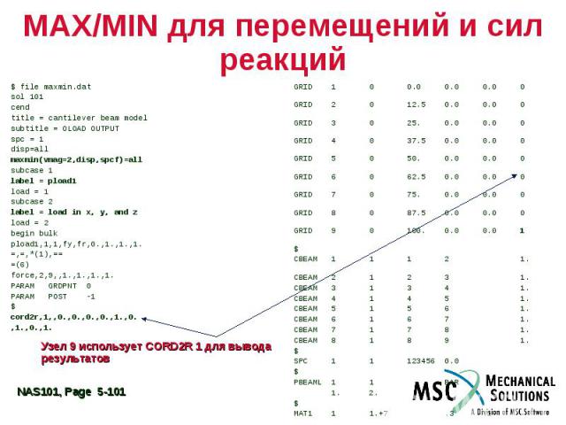 MAX/MIN для перемещений и сил реакций $ file maxmin.dat sol 101 cend title = cantilever beam model subtitle = OLOAD OUTPUT spc = 1 disp=all maxmin(vmag=2,disp,spcf)=all subcase 1 label = pload1 load = 1 subcase 2 label = load in x, y, and z load = 2…