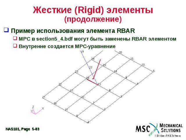 Жесткие (Rigid) элементы (продолжение) Пример использования элемента RBAR MPC в section5_4.bdf могут быть заменены RBAR элементом Внутренне создается MPC-уравнение