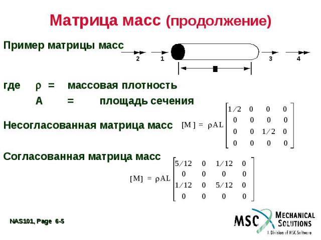 Матрица масс (продолжение) Пример матрицы масс где = массовая плотность A = площадь сечения Несогласованная матрица масс Согласованная матрица масс
