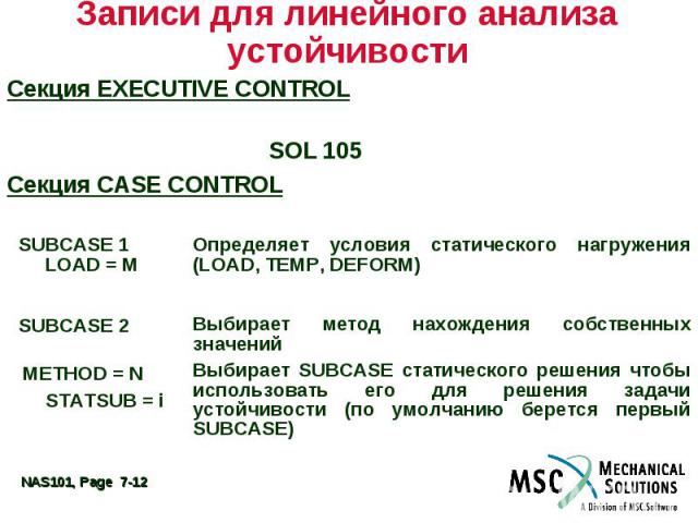 Записи для линейного анализа устойчивости Секция EXECUTIVE CONTROL SOL 105 Секция CASE CONTROL