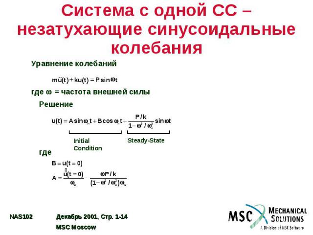 Система с одной СС – незатухающие синусоидальные колебания Уравнение колебаний где = частота внешней силы Решение где