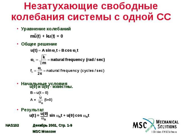 Незатухающие свободные колебания системы с одной СС Уравнение колебаний Общее решение Начальные условия Результат