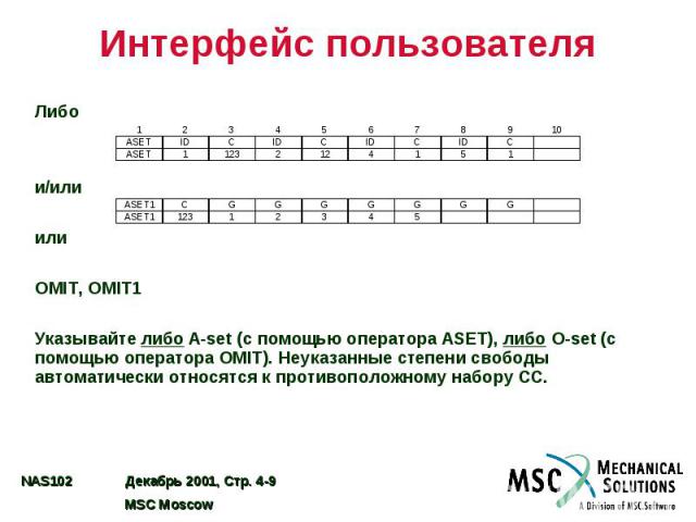 Интерфейс пользователя Либо и/или или OMIT, OMIT1 Указывайте либо A-set (с помощью оператора ASET), либо O-set (с помощью оператора OMIT). Неуказанные степени свободы автоматически относятся к противоположному набору СС.