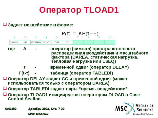 Оператор TLOAD1 Задает воздействие в форме: где A - оператор (символ) пространственного распределения воздействия и масштабного фактора (DAREA, статическая нагрузка, тепловая нагрузка или LSEQ) - временной сдвиг (оператор DELAY) F(t- ) - таблица (оп…