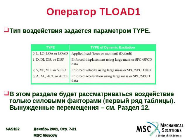 Оператор TLOAD1 Тип воздействия задается параметром TYPE. В этом разделе будет рассматриваться воздействие только силовыми факторами (первый ряд таблицы). Вынужденные перемещения – см. Раздел 12.