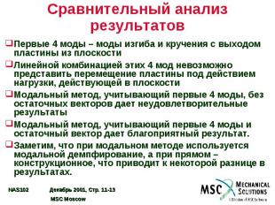 Сравнительный анализ результатов Первые 4 моды – моды изгиба и кручения с выходо