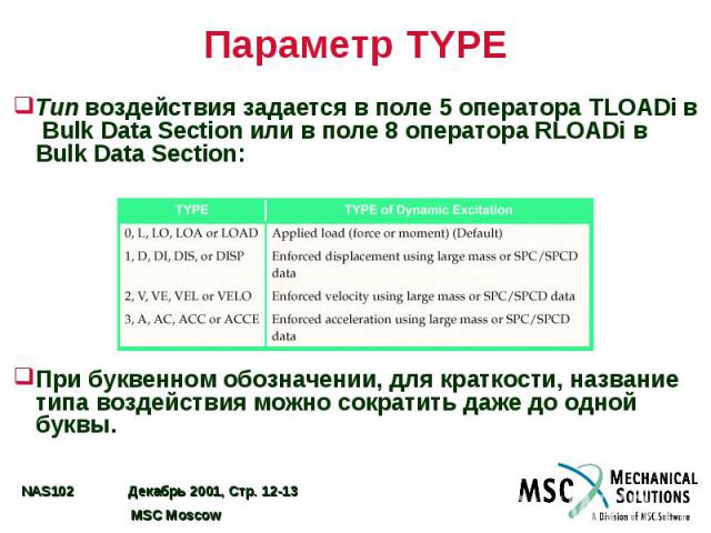 Параметр TYPE Тип воздействия задается в поле 5 оператора TLOADi в Bulk Data Section или в поле 8 оператора RLOADi в Bulk Data Section: При буквенном обозначении, для краткости, название типа воздействия можно сократить даже до одной буквы.