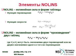 Элементы NOLINS NOLIN1 – нелинейная сила в форме таблицы Функция перемещения Фун
