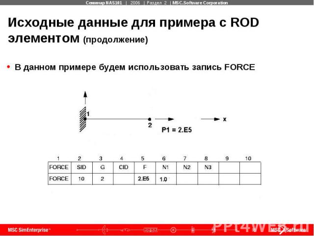 Исходные данные для примера с ROD элементом (продолжение) В данном примере будем использовать запись FORCE
