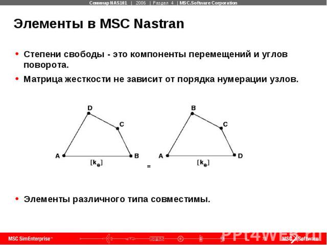 Элементы в MSC Nastran Степени свободы - это компоненты перемещений и углов поворота. Матрица жесткости не зависит от порядка нумерации узлов. Элементы различного типа совместимы.