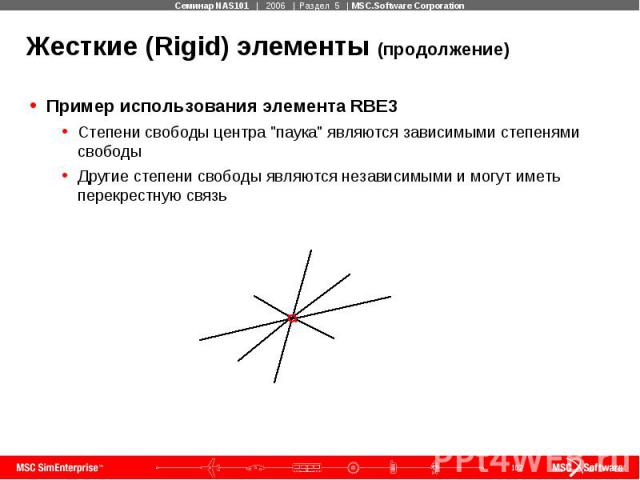 Жесткие (Rigid) элементы (продолжение) Пример использования элемента RBE3 Степени свободы центра "паука" являются зависимыми степенями свободы Другие степени свободы являются независимыми и могут иметь перекрестную связь