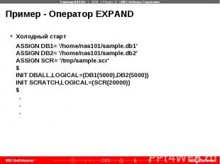 Пример - Оператор EXPAND Холодный старт ASSIGN DB1= ’/home/nas101/sample.db1’ AS