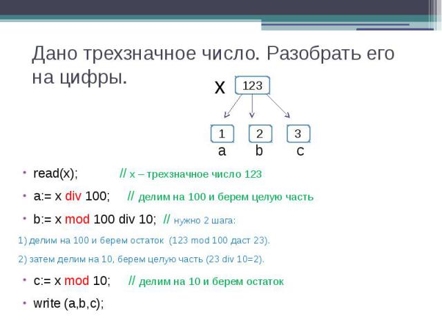Дано трехзначное число. Разобрать его на цифры. read(x); // х – трехзначное число 123 a:= x div 100; // делим на 100 и берем целую часть b:= x mod 100 div 10; // нужно 2 шага: 1) делим на 100 и берем остаток (123 mod 100 даст 23). 2) затем делим на …