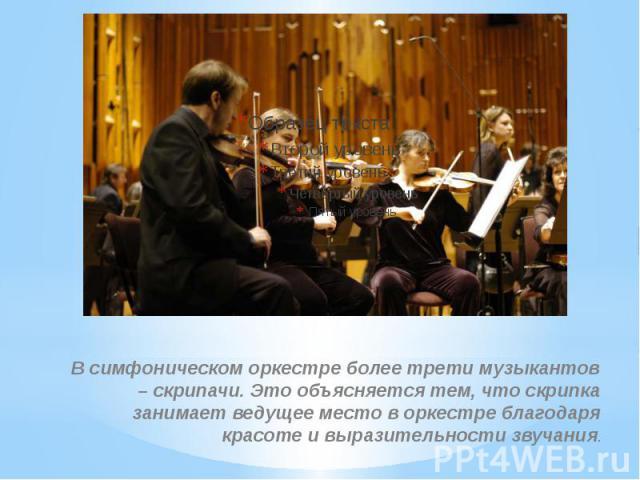 В симфоническом оркестре более трети музыкантов – скрипачи. Это объясняется тем, что скрипка занимает ведущее место в оркестре благодаря красоте и выразительности звучания.
