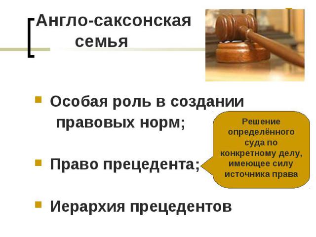 Особая роль в создании Особая роль в создании правовых норм; Право прецедента; Иерархия прецедентов