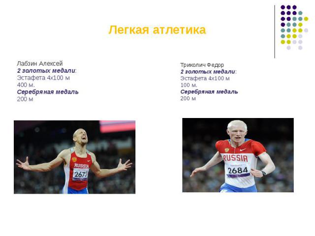 Легкая атлетика Лабзин Алексей 2 золотых медали: Эстафета 4х100 м 400 м. Серебряная медаль 200 м