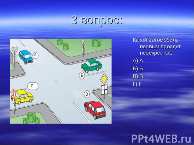 Какой автомобиль первым проедет перекресток: Какой автомобиль первым проедет перекресток: А) А Б) Б В) В Г) Г