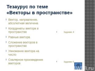 Тезаурус по теме «Векторы в пространстве» Вектор, направление, абсолютная величи