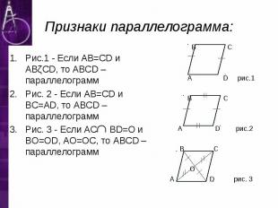 Рис.1 - Если AB=CD и ABǁCD, то ABCD – параллелограмм Рис. 2 - Если AB=CD и BC=AD
