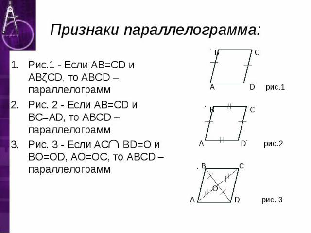 Рис.1 - Если AB=CD и ABǁCD, то ABCD – параллелограмм Рис. 2 - Если AB=CD и BC=AD, то ABCD – параллелограмм Рис. 3 - Если AC BD=O и BO=OD, AO=OC, то ABCD – параллелограмм
