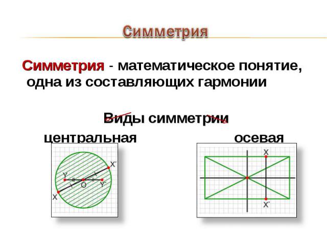 Симметрия - математическое понятие, одна из составляющих гармонии Симметрия - математическое понятие, одна из составляющих гармонии Виды симметрии центральная осевая