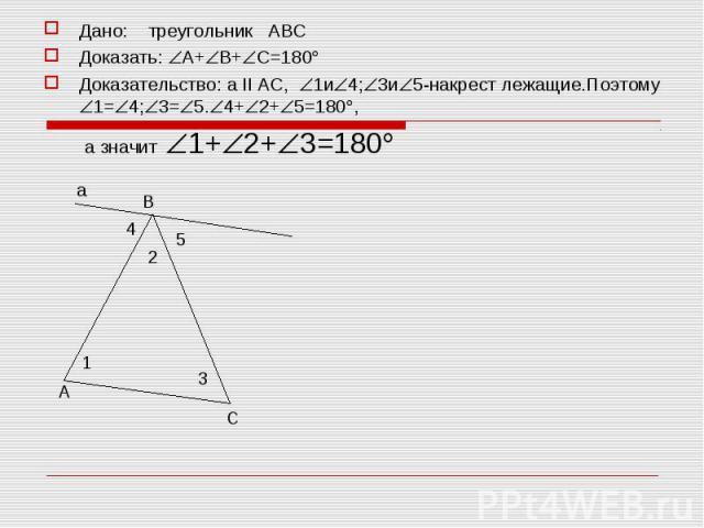 Дано: треугольник АВС Дано: треугольник АВС Доказать: А+ В+ С=180 Доказательство: а II АС, 1и 4; 3и 5-накрест лежащие.Поэтому 1= 4; 3= 5. 4+ 2+ 5=180 , а значит 1+ 2+ 3=180