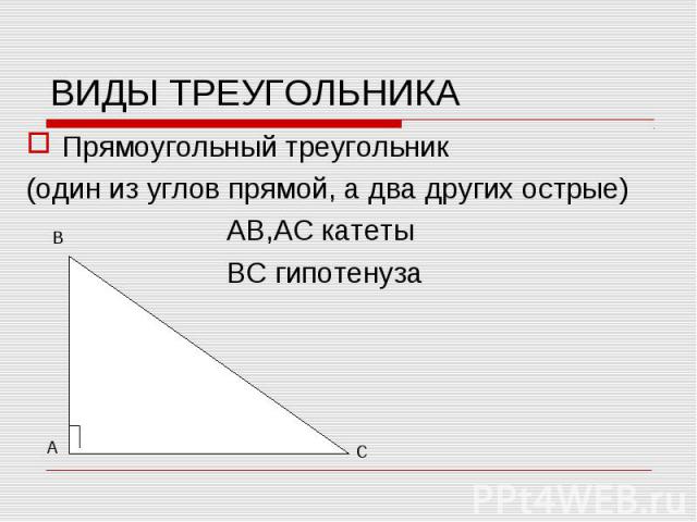 Прямоугольный треугольник Прямоугольный треугольник (один из углов прямой, а два других острые) АВ,АС катеты ВС гипотенуза
