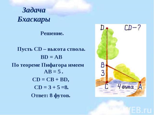 Решение. Решение.   Пусть CD – высота ствола. BD = АВ По теореме Пифагора имеем АВ = 5 . CD = CB + BD, CD = 3 + 5 =8. Ответ: 8 футов.