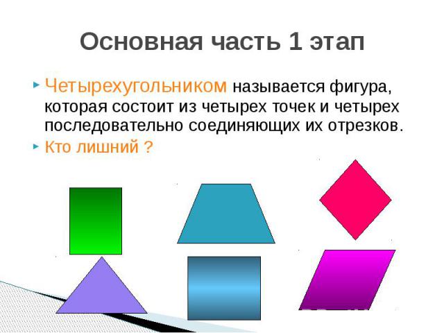 Основная часть 1 этап Четырехугольником называется фигура, которая состоит из четырех точек и четырех последовательно соединяющих их отрезков. Кто лишний ?