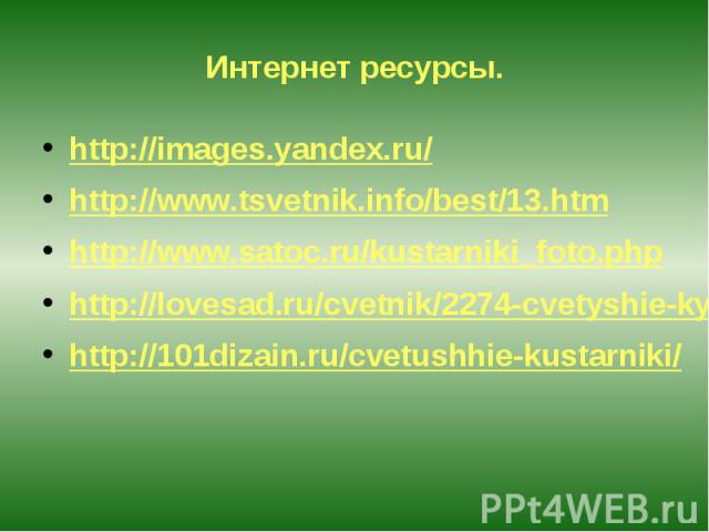 Интернет ресурсы. http://images.yandex.ru/ http://www.tsvetnik.info/best/13.htm http://www.satoc.ru/kustarniki_foto.php http://lovesad.ru/cvetnik/2274-cvetyshie-kystarniki.html http://101dizain.ru/cvetushhie-kustarniki/